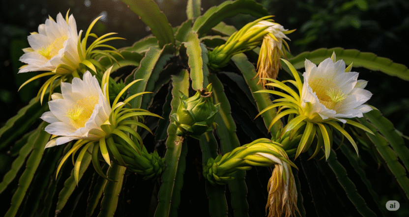 Dragon fruit plant with blooming white flowers and young green fruit bud