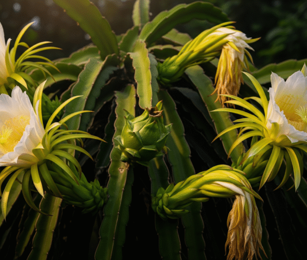 Dragon fruit plant with blooming white flowers and young green fruit bud